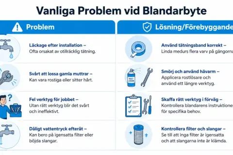 Infografik som visar vanliga problem och lösningar vid byta blandare handfat, som läckage, rostiga muttrar och fel verktyg.