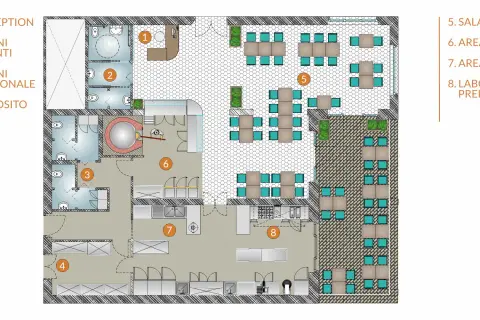 Pianta di pizzeria con idee per il design: reception, bagni, deposito, sala, area cottura, lavaggio e laboratorio preparazione.