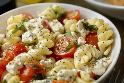 Salade de pâtes froides avec tomates cerises, mozzarella et basilic, assaisonnée d'une vinaigrette légère. Un délice estival.