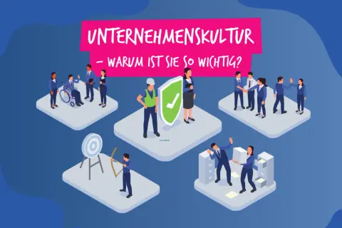 Illustration zeigt, wie man die **Unternehmenskultur verbessern** kann: Teamwork, Inklusion, Zielerreichung und Sicherheit sind Schlüssel.
