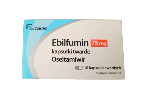 Opakowanie leku Ebilfumin 75 mg, zawierającego oseltamiwir w kapsułkach twardych.