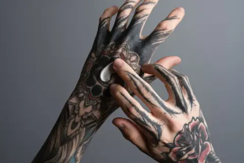 Hände mit detaillierten Tätowierungen, die mit einer weißen Creme eingerieben werden. Die tattoo tiefe der Muster wird durch die Pflege betont.