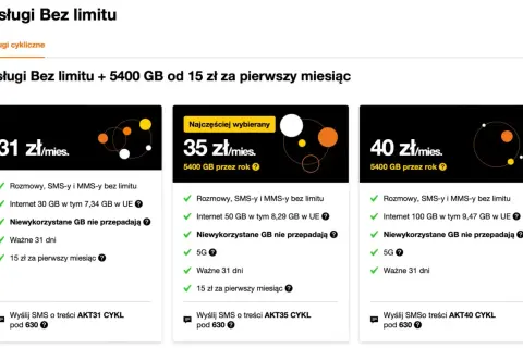 Oferta Orange: rozmowy, SMS, MMS bez limitu i 5400 GB internetu. Wybierz pakiet od 31 zł/mies. lub skorzystaj z promocji na pierwszy miesiąc.