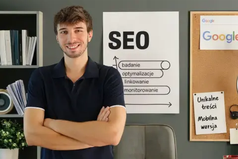 Uśmiechnięty mężczyzna z rękami skrzyżowanymi na piersi, obok tablicy z hasłem "SEO" i schematem. W tle logo Google.