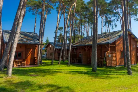 Drewniane domki letniskowe w sosnowym lesie, blisko plaży w Międzywodziu.