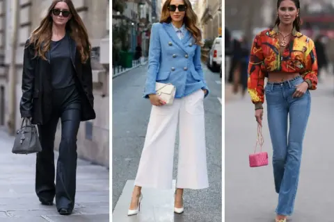 Stylizacje dla figury gruszki: czarny total look, błękitny tweed i białe szerokie spodnie, kolorowa kurtka i jeansy.