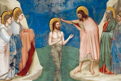 Dopet av Jesus. En viktig händelse som visar hur blir man kristen. Johannes Döparen döper Jesus i Jordanfloden.