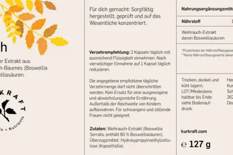 Weihrauch-Kapseln: 180 Stück, vegan. Empfehlung: 2 Kapseln täglich mit Flüssigkeit einnehmen, um Weihrauch einzunehmen.
