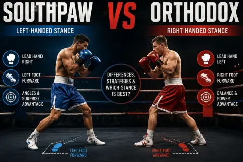 Two boxers face off, one in a southpaw stance (left-handed) and the other in an orthodox stance (right-handed), illustrating their differences.
