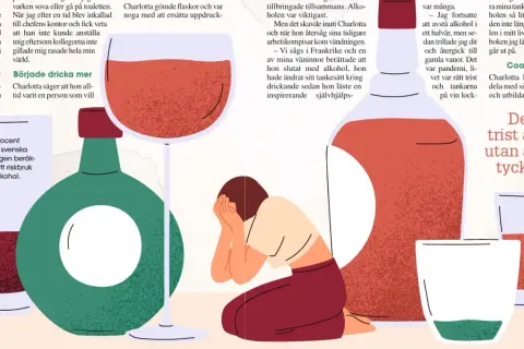 En kvinna sitter med händerna för ansiktet, omgiven av vinflaskor och glas. Bilden illustrerar en berättelse om litium och alkohol.