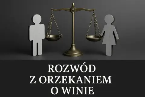 Symboliczne figury kobiety i mężczyzny obok wagi szalkowej. Temat: rozwód z orzeczeniem o winie.