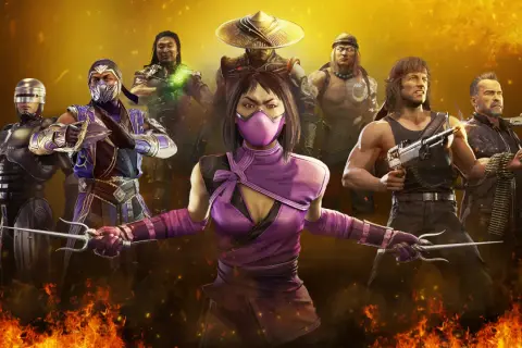 Mortal Kombat 11 postacie: Robocop, Sub-Zero, Mileena, Raiden, Liu Kang, Rambo i Terminator gotowi do walki na tle płomieni.