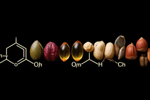 Struttura chimica e alimenti ricchi di grassi polinsaturi: semi, noci, capsule di olio.