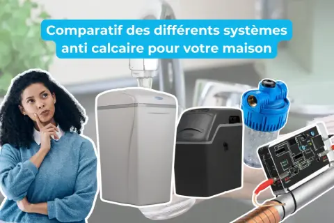 Comparatif des systèmes anti calcaire pour l'eau en France. Une femme réfléchit devant des appareils de traitement d'eau.