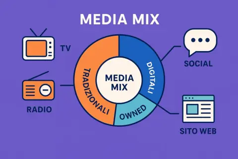 Schema del Media Mix: TV, radio (tradizionali), social e sito web (digitali/owned). Ideale per una campagna adv efficace.