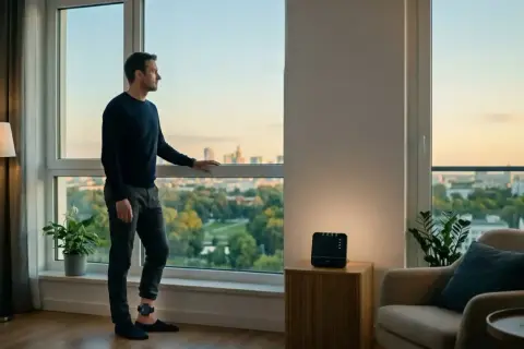 Mężczyzna z opaską na nodze, symbolizującą dozór elektroniczny, patrzy przez okno na miasto. Zastanawia się, ile godzin poza domem jest mu dozwolone.