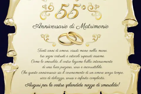 55 anni di matrimonio: nozze di smeraldo, un legame prezioso come la gemma, celebrato con amore e complicità.