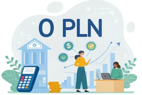 Darmowe konto dla firm 0 PLN. Grafika przedstawia bank, kalkulator, stos monet i dwie kobiety pracujące przy biurku.