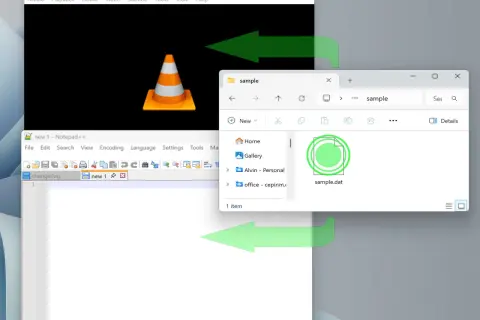 El VLC media player muestra un cono naranja. Una flecha verde indica cómo abrir archivos .dat desde el explorador de archivos.
