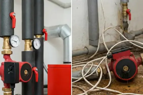 Prawidłowa pompa cyrkulacyjna c.w.u. jaką wybrać? Porównanie instalacji: czysta i funkcjonalna vs. zaniedbana i przeciekająca.
