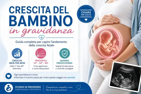 Immagine di una donna incinta con un feto stilizzato nel grembo. La grafica illustra la crescita del bambino in gravidanza, dal concepimento quando avviene, ai percentili e ai segnali di attenzione.
