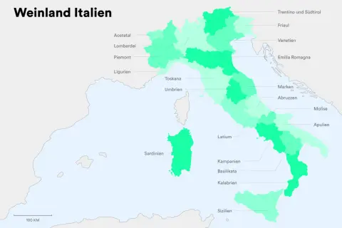 Karte von Italien, die Weinregionen zeigt. Jede Region ist farblich hervorgehoben, was die Vielfalt der italienischen Weinsorten unterstreicht.