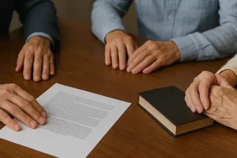 Rodzina przy stole, dokumenty i książka sugerują formalne postępowanie spadkowe.