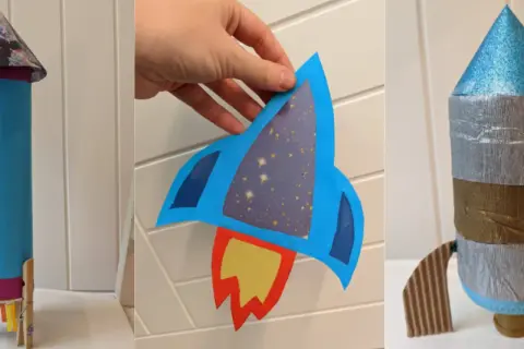Kreative **Raketen basteln Kinder**: Drei bunte Papierraketen, bereit für den Flug ins All.