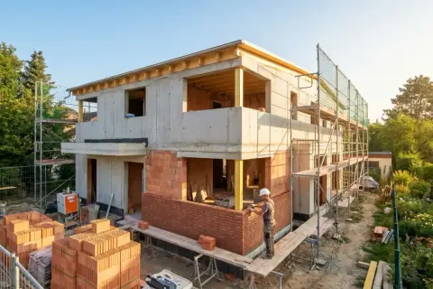 Rohbau eines Hauses mit 200 qm Wohnfläche. Ein Maurer verlegt Ziegelsteine, während Ziegelstapel und Gerüste die Baustelle prägen.