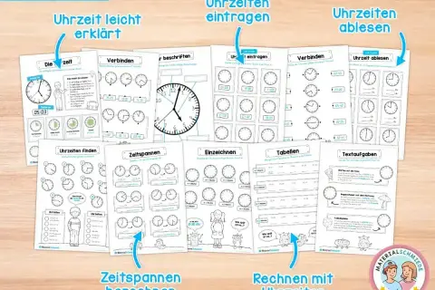 Arbeitsblätter zum Uhr lernen: Uhrzeiten eintragen, ablesen, Zeitspannen berechnen und Textaufgaben lösen.