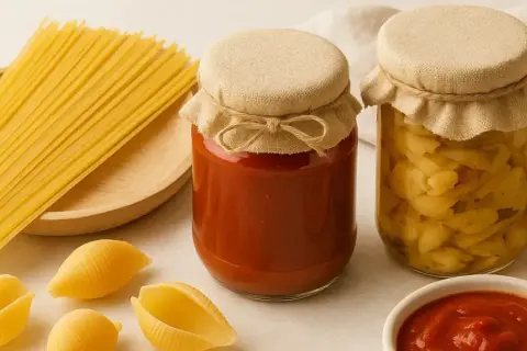 En hög med spaghetti, två burkar med hemlagad tomatsås och inlagda grönsaker, samt några snäckformade pastakroppar. En perfekt grund för en äkta pasta italiano.