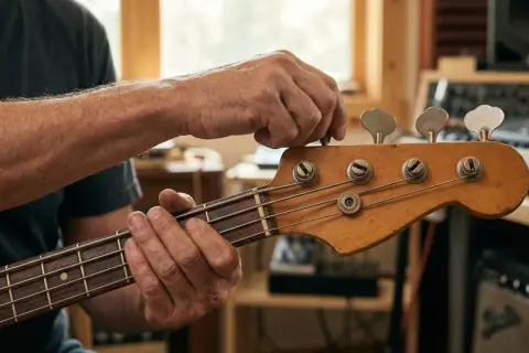 Hände stimmen den Bass. Die Saiten werden feinjustiert, um den perfekten Klang zu erzielen.