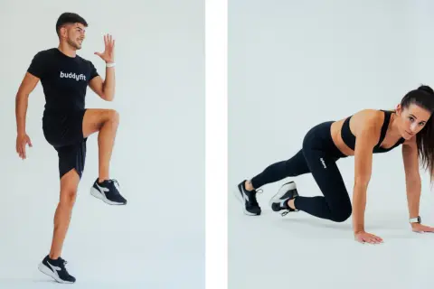 Uomo e donna in tenuta sportiva eseguono esercizi. Il significato di EMOM è allenamento a intervalli, ogni minuto on the minute.
