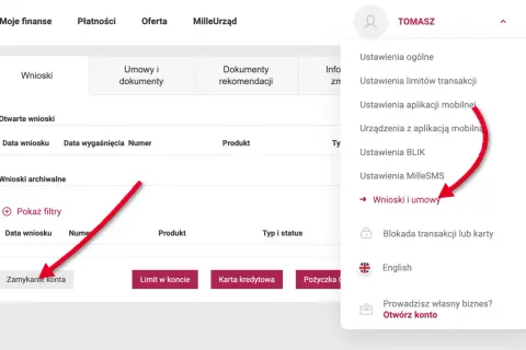 Menu użytkownika w bankowości internetowej, opcja "Wnioski i umowy" podświetlona. To miejsce, gdzie znajdziesz swój rachunek techniczny Millennium.