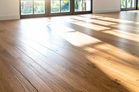 Suelo de madera con vetas marcadas y un acabado cálido, iluminado por la luz del sol que entra por las ventanas. Se aprecian distintos tipos de maderas.
