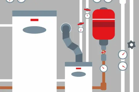 Illustration d'un vase d'expansion rouge et de tuyaux de chauffage avec des manomètres.