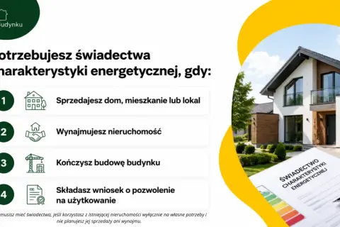 Potrzebujesz świadectwa charakterystyki energetycznej przy sprzedaży, wynajmie, zakończeniu budowy lub pozwoleniu na użytkowanie. Dokument leży na stole obok nowoczesnego domu.
