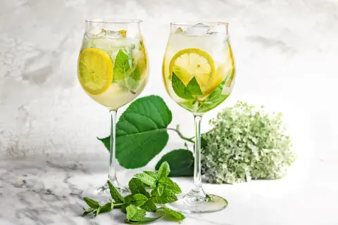Dwa orzeźwiające drinki Hugo Spritz z cytryną i miętą, gotowe do degustacji.