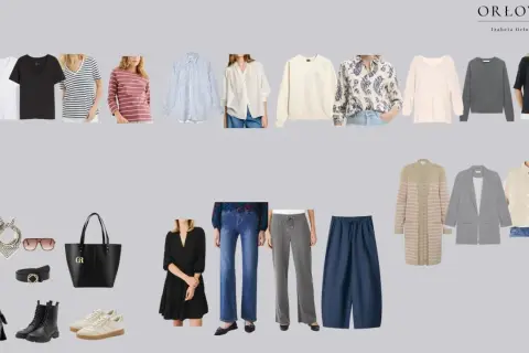 Kolekcja ubrań tworząca garderobę kapsułową: t-shirty, bluzki, sweter, marynarka, spodnie, sukienka, akcesoria.