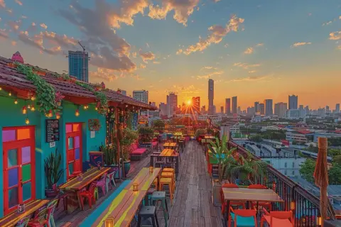 Un bar coloré sur un rooftop à Bangkok, avec des tables en bois et des lumières chaudes, offre une vue imprenable sur la ville au coucher du soleil.