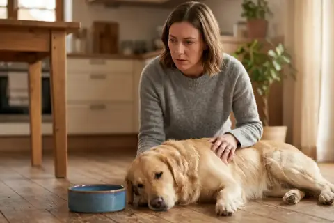 Besorgte Frau streichelt ihren Golden Retriever, der neben seinem Napf liegt. Der Hund trinkt nicht, sie macht sich Sorgen.