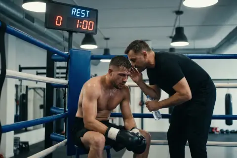 A boxer sits, exhausted, as his coach whispers advice during a boxing round. The scoreboard shows "REST 1:00".