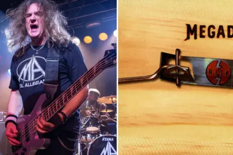 Dave Ellefson gra na basie na scenie, obok okładki albumu Megadeth "Risk".