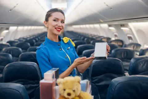 Uśmiechnięta stewardessa w niebieskim mundurku prezentuje pudełko z perfumami do samolotu.