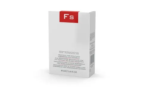 Caja de tratamiento capilar FS, con texto en varios idiomas indicando "vital plus fs" para cuero cabelludo con seborrea y caspa.