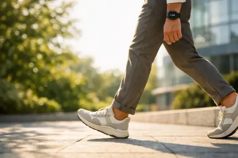 Uomo cammina con smartwatch che segna 7.256 passi. Quanti passi al giorno per dimagrire? L'attività fisica è fondamentale.