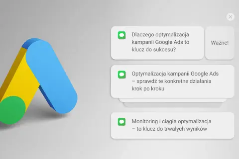 Logo Google Ads i powiadomienia o optymalizacji kampanii Google Ads: klucz do sukcesu, konkretne działania i trwałe wyniki.