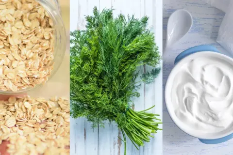 Haferflocken, Dill und Joghurt: Lebensmittel, die den Darm beruhigen und für Wohlbefinden sorgen.