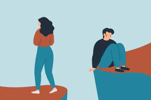 Kobieta odwrócona plecami, mężczyzna skulony na krawędzi. Ilustracja symbolizująca psychologię rozpadu związku i emocjonalny dystans.