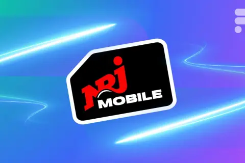 Carte SIM NRJ Mobile, un opérateur eSIM, sur fond bleu électrique avec des traînées lumineuses.